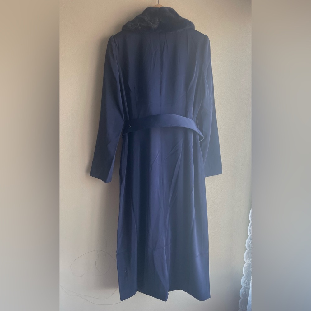 New Naked Wardrobe Women Navy Blue Long Coat Jacket Button Belts Pockets Large - Picture 5 of 11